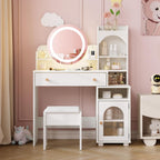 Vabches Kids Vanity with Mirror & Lights,Princess Toddler Vanity Table | 2 in 1 Princess Makeup Vanity Desk Wooden Pretend Play Vanity Desk and Chair Set for Little Girls,White