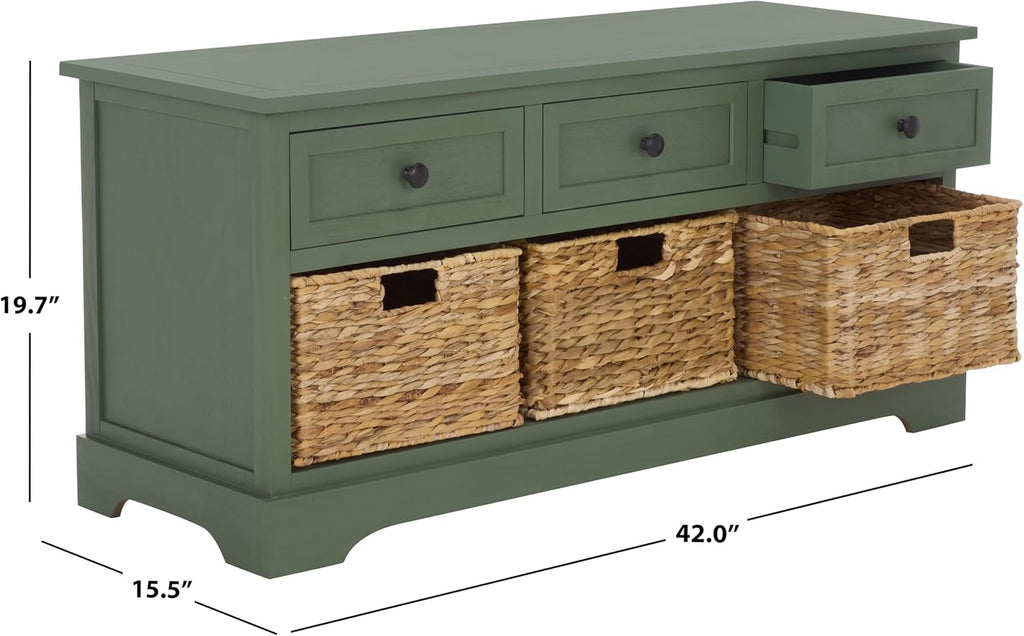 SAFAVIEH Home Collection – Damien Dusty Green 6-Drawer Storage Bench, Mixed-Material Cottage Design, Fully Assembled (AMH5701J)