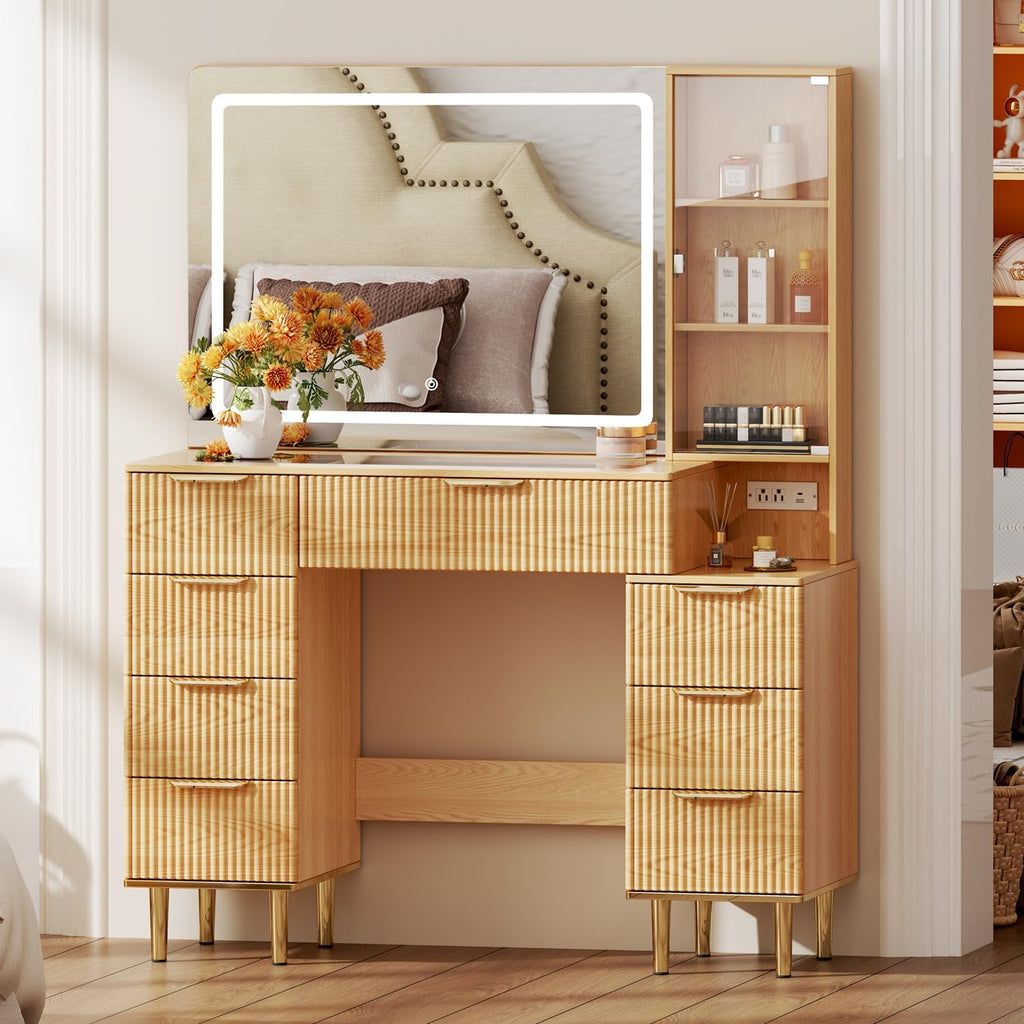 Chrangmay Modern Vanity Desk with 31.5" Mirror and Lights,Makeup Vanity Table with 8 Drawers,Makeup Desk with Power Outlet,Nightstand,Dressing Table for Bedroom,Women and Girls,Oak