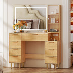Chrangmay Modern Vanity Desk with 31.5" Mirror and Lights,Makeup Vanity Table with 8 Drawers,Makeup Desk with Power Outlet,Nightstand,Dressing Table for Bedroom,Women and Girls,Oak