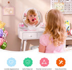 Arlopu Kids Vanity Table and Chair Set, 2 in 1 Girls Makeup Dressing Desk | with Detachable Large Mirror and Stool, Drawers, Shelves, Princess Wooden Pretend Play Toys for Little Girls (White)