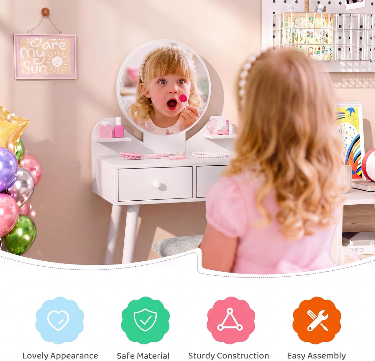 Arlopu Kids Vanity Table and Chair Set, 2 in 1 Girls Makeup Dressing Desk | with Detachable Large Mirror and Stool, Drawers, Shelves, Princess Wooden Pretend Play Toys for Little Girls (White)