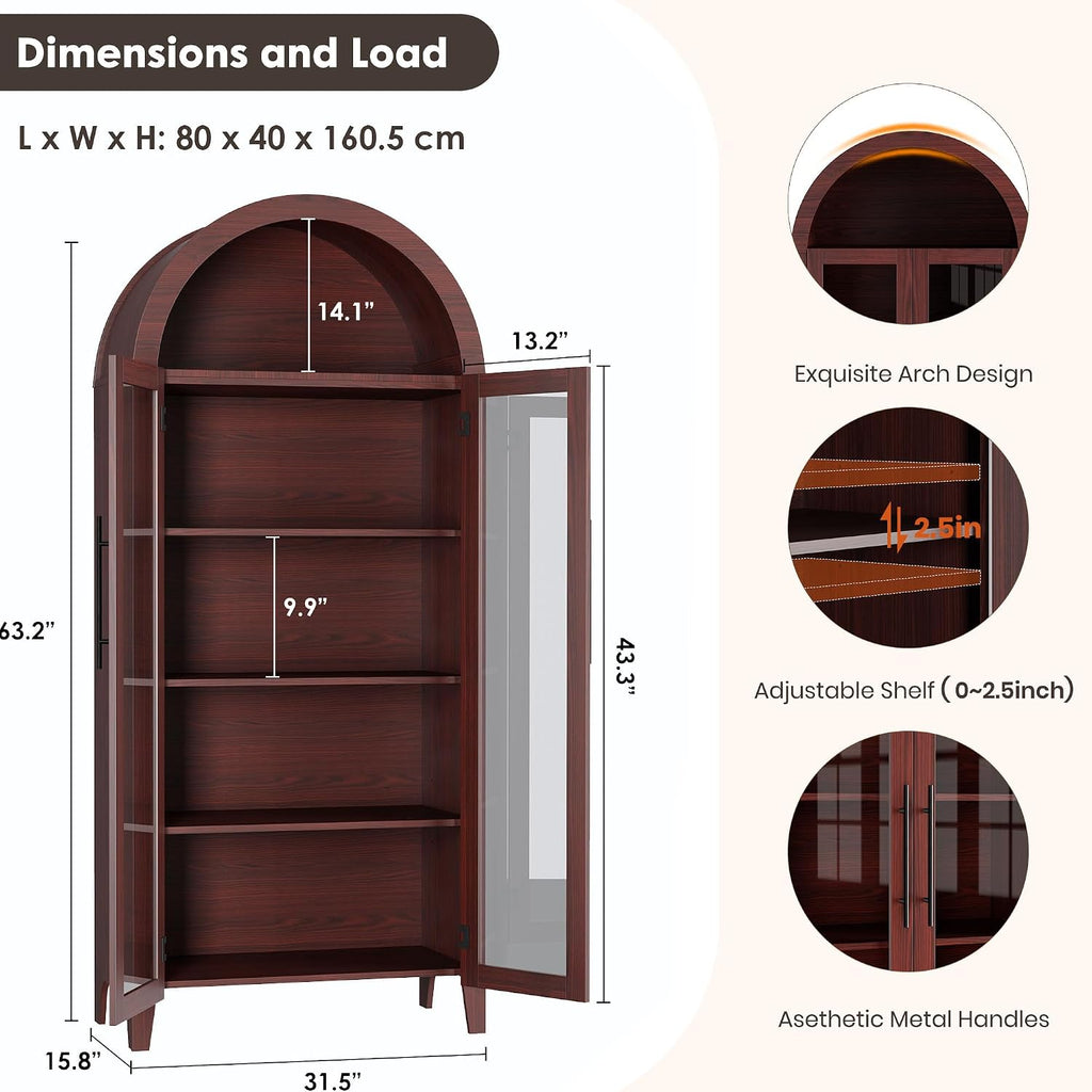 IDEALHOUSE Arched Kitchen Pantry Storage Cabinet - Farmhouse 5-Tier Display Shelf with 2 Glass Doors and Adjustable Shelves, Versatile Cupboard for Kitchen, Dining Room, Living Room, Walnut