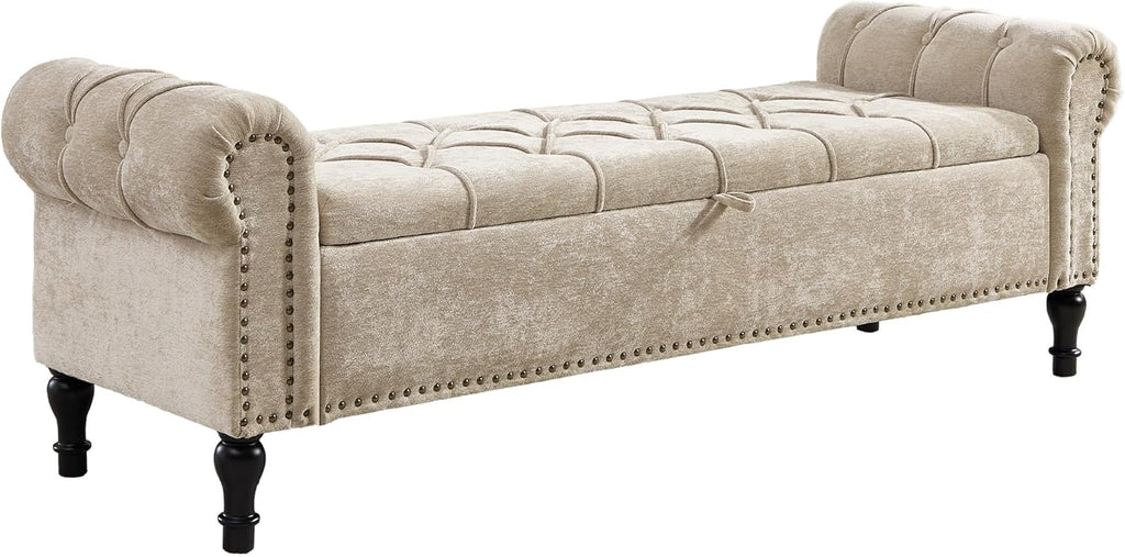 Storage Bed Bench for Bedroom, Chenille 67" End of Bed King Size Benches with Armrest, Tufted Button Upholstered Ottoman Bench for Living Room, Entryway, Khaki