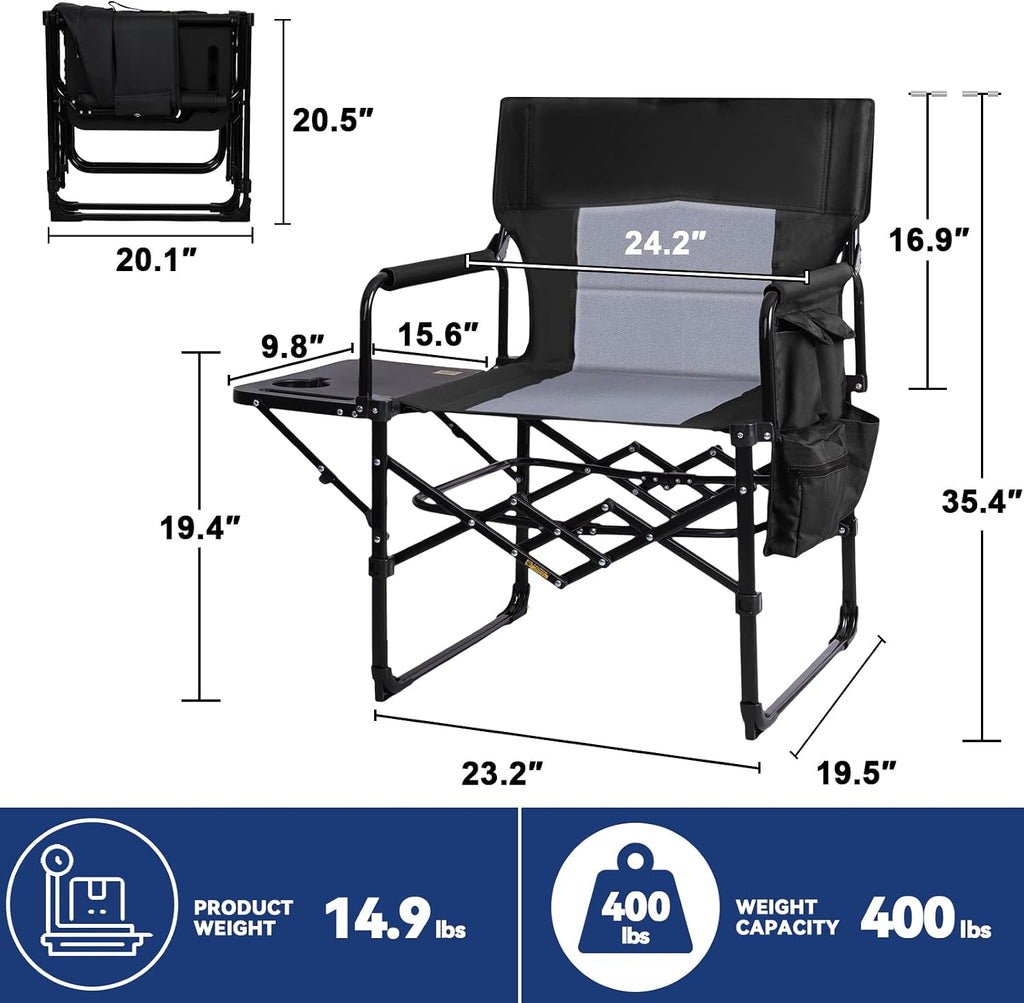 Romswi 2Pack Director Chairs for Outdoor, Folding Camping Chair, Compact Directors Chair Side Table and Side Bag, Heavy Duty Oversize Chair for Beach Fishing Picnic, Holds up to 400 lbs Black