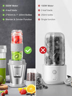 Personal Blender, Electric Shake Bottle with 2 x 20oz Travel Bottle and Coffee/Spices Jar, Portable Shaker Cups for Protein Shakes, 500W Single Serve Blender for Shakes and Smoothies, Sports(Grey)