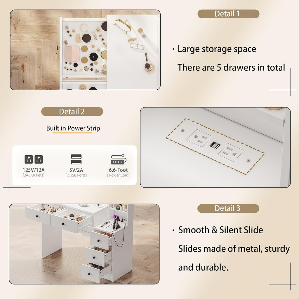 35.4” Makeup Vanity Desk with Charging Station, White Makeup Dressing Table with Mirror & Lights, 3 Lighting Modes Adjustable Brightness, Vanity Table with Power Outlet & 5 Drawers Round Handle