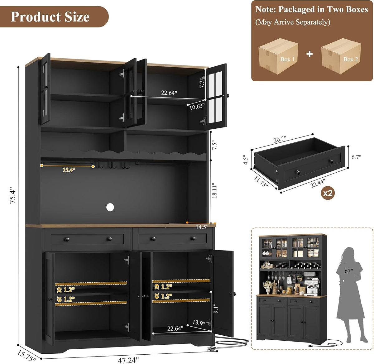 HOSTACK 75" Kitchen Pantry Storage Cabinet, Coffee Bar Hutch Cabinet, Black | Tall Pantry Cabinet with Charging Station / Wide Countertop / Glass Doors / Wine Rack / Cup Holder / Drawers, Dining Room