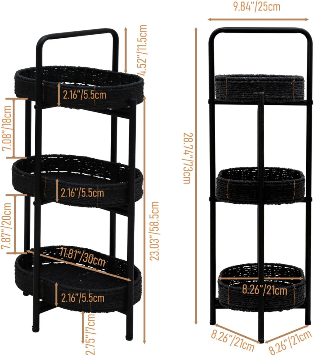 3 Tier Handwoven Oval Side Table Storage Basket with Detachable Trays | Woven Paper Rope Organizer for Living Room Bedroom Kitchen | Sturdy Metal Frame Tiered Shelf for Home Decor (Black)
