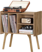 LELELINKY Wide Record Player Stand, 4-Cubby Vinyl Storage Table, Oak Grey | Mid-Century Modern Turntable Stand with Wood Legs, Up to 120 Albums, Vinyl Holder Display Shelf for Bedroom and Living Room