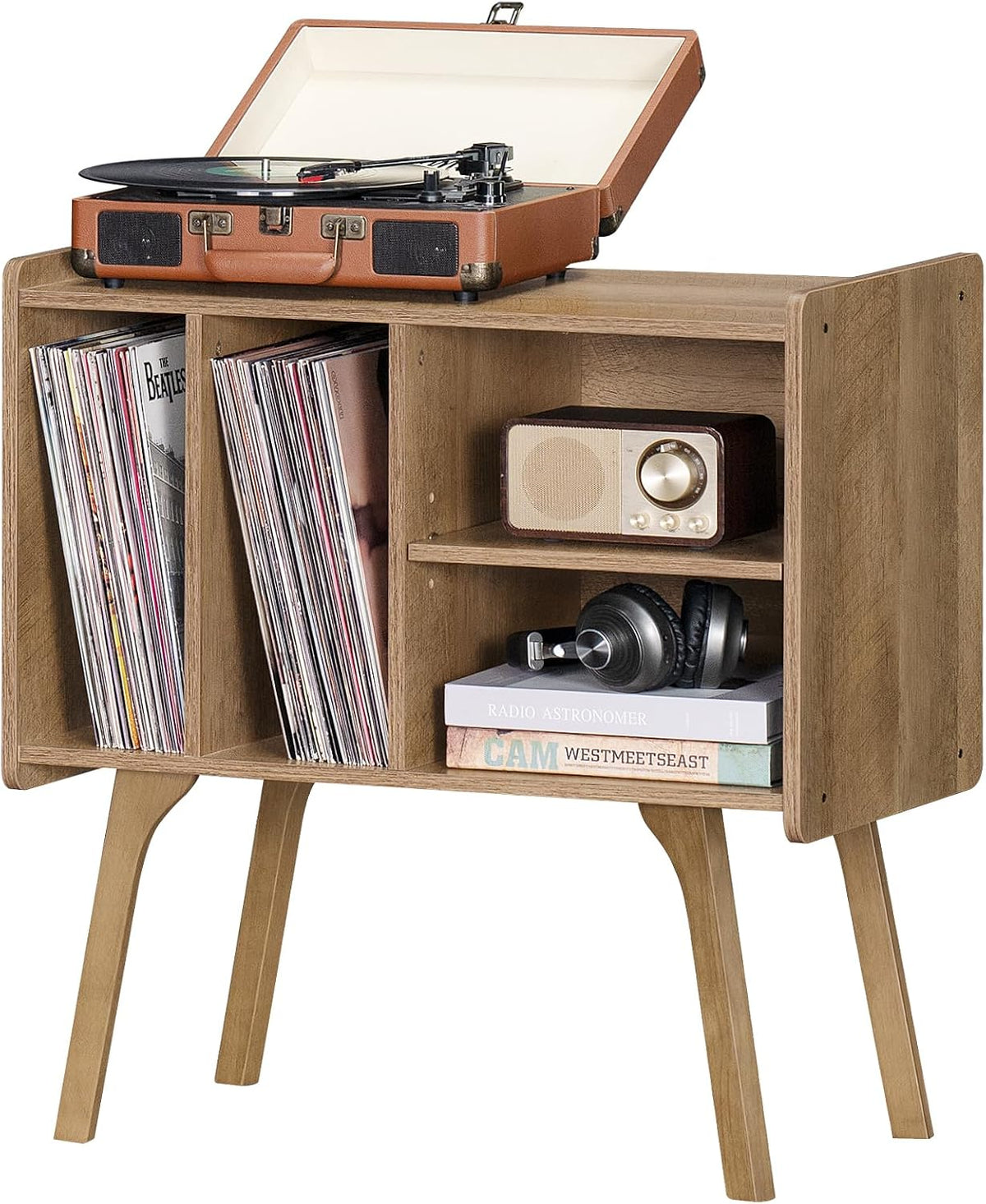 LELELINKY Wide Record Player Stand, 4-Cubby Vinyl Storage Table, Oak Grey | Mid-Century Modern Turntable Stand with Wood Legs, Up to 120 Albums, Vinyl Holder Display Shelf for Bedroom and Living Room