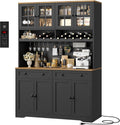 HOSTACK 75" Kitchen Pantry Storage Cabinet, Coffee Bar Hutch Cabinet, Black | Tall Pantry Cabinet with Charging Station / Wide Countertop / Glass Doors / Wine Rack / Cup Holder / Drawers, Dining Room