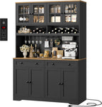 HOSTACK 75" Kitchen Pantry Storage Cabinet, Coffee Bar Hutch Cabinet, Black | Tall Pantry Cabinet with Charging Station / Wide Countertop / Glass Doors / Wine Rack / Cup Holder / Drawers, Dining Room