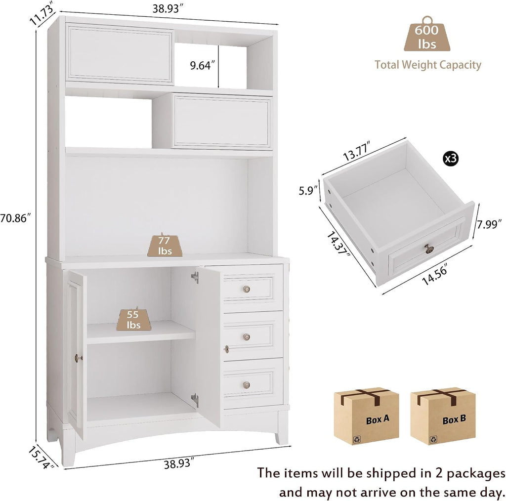 BLANKSPACE 71" Tall Kitchen Pantry Cabinet with Microwave Shelf Built-in Charging Station, Sliding Door Cabinet with Drawer Storage Organizer/Adjustable Shelves for Dining Room, Living Room