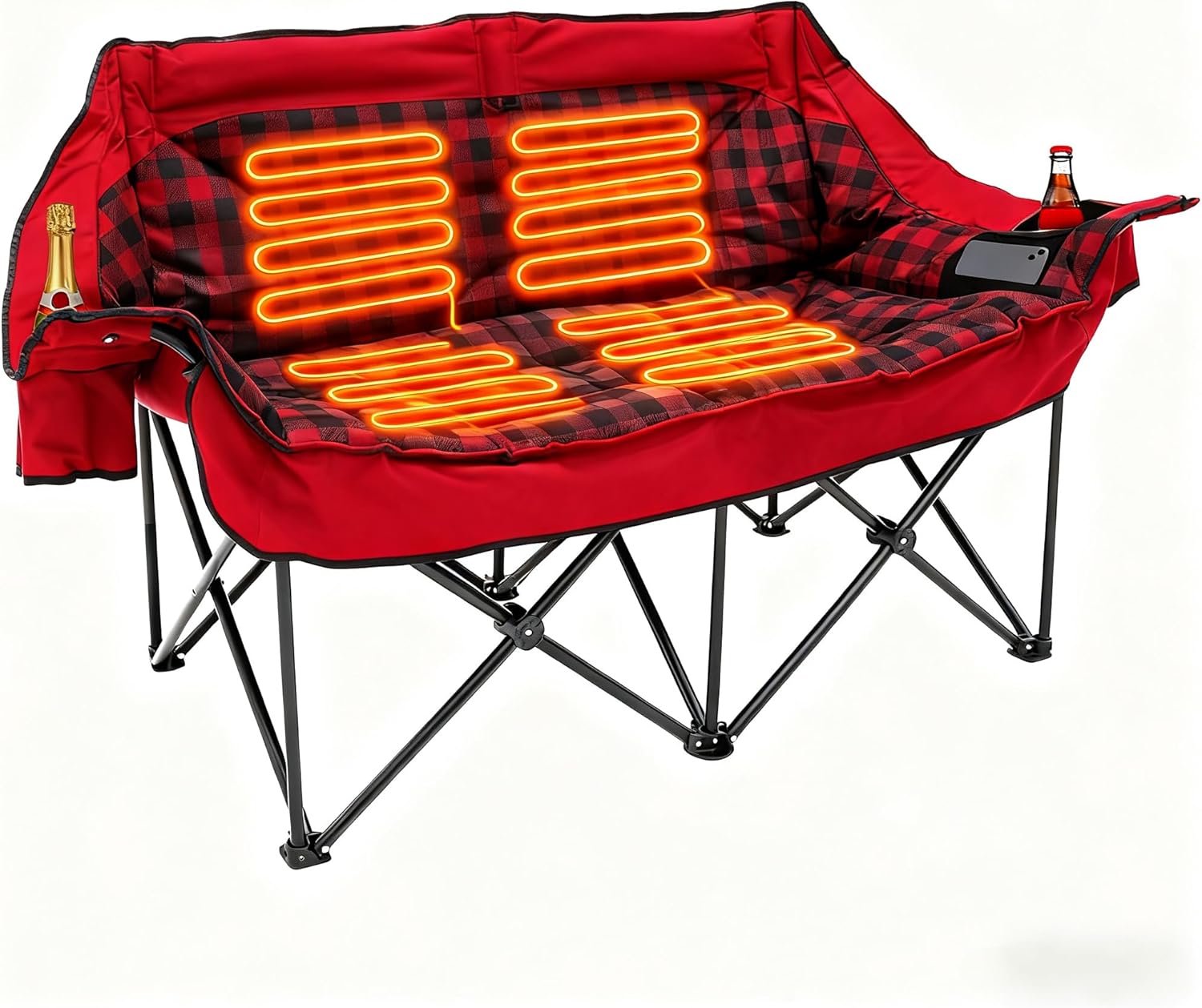 Heated Double Camping Chair, Padded Camping Couch with 3 Heat Levels and 4 Heating Zones, Oversized Camp Loveseat Support 800lbs for Soccer Games, Tailgating, RV Travel, Beach Days（Not Battery）