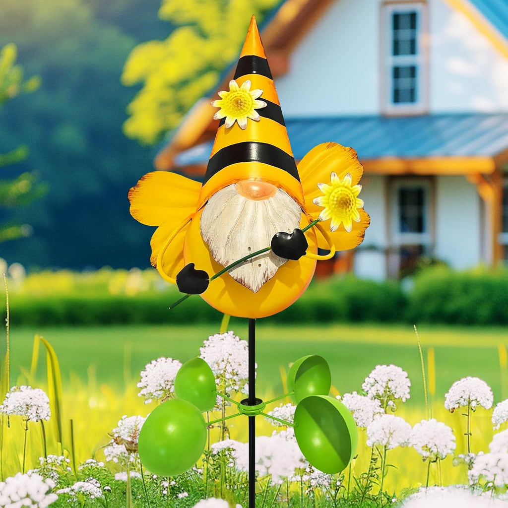 HONGLAND Gnome Metal Yard Art, Gnomes Garden Statue Outdoor Decor, 48 inch Gnome Decorations 360 Degrees Swivel Wind Spinner for Outdoor Patio Garden Backyard Décor - Bee