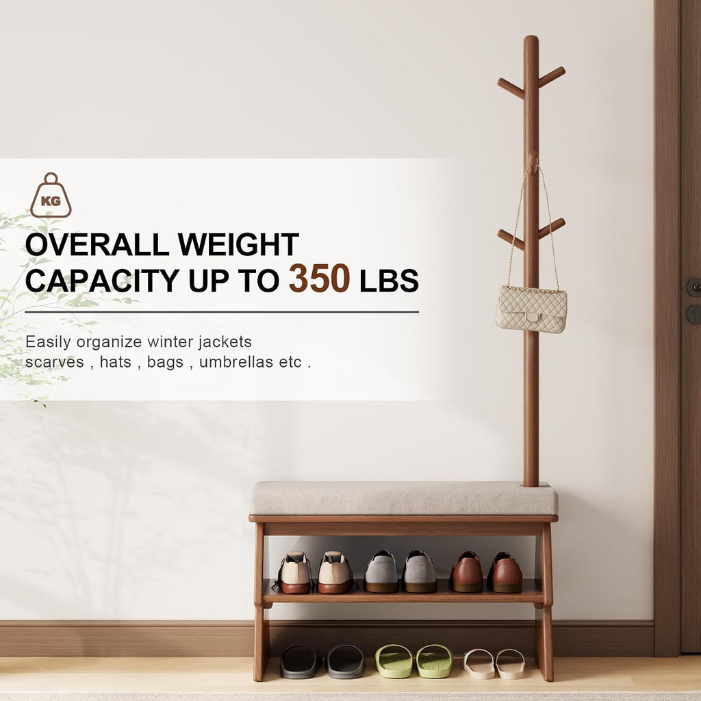 Coat Rack with Shoe Storage,Shoe Rack whit 8 Hook for Offices、Bedroom、Living Room,Small Shoe Bench,Walnut