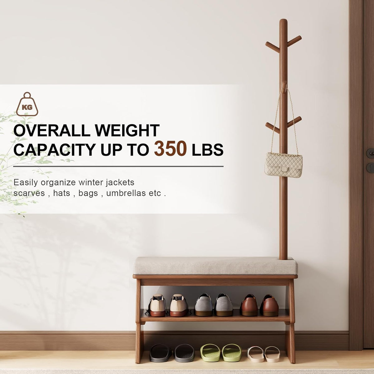Coat Rack with Shoe Storage,Shoe Rack whit 8 Hook for Offices、Bedroom、Living Room,Small Shoe Bench,Walnut