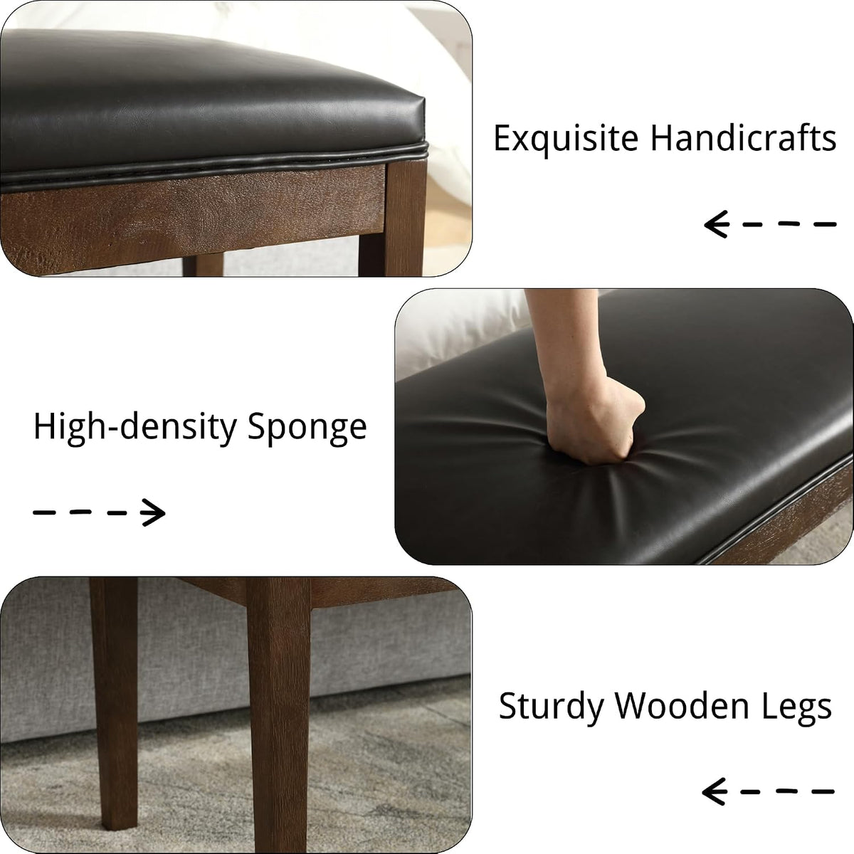 PU Leather Entryway Bench Farmhouse Dining Benches Upholstered Bedroom Bench Shoe Bench Seat for Hallway Living Room Bedroom End of Bed, 16" D x 45.5" W x 18.75" H, Black