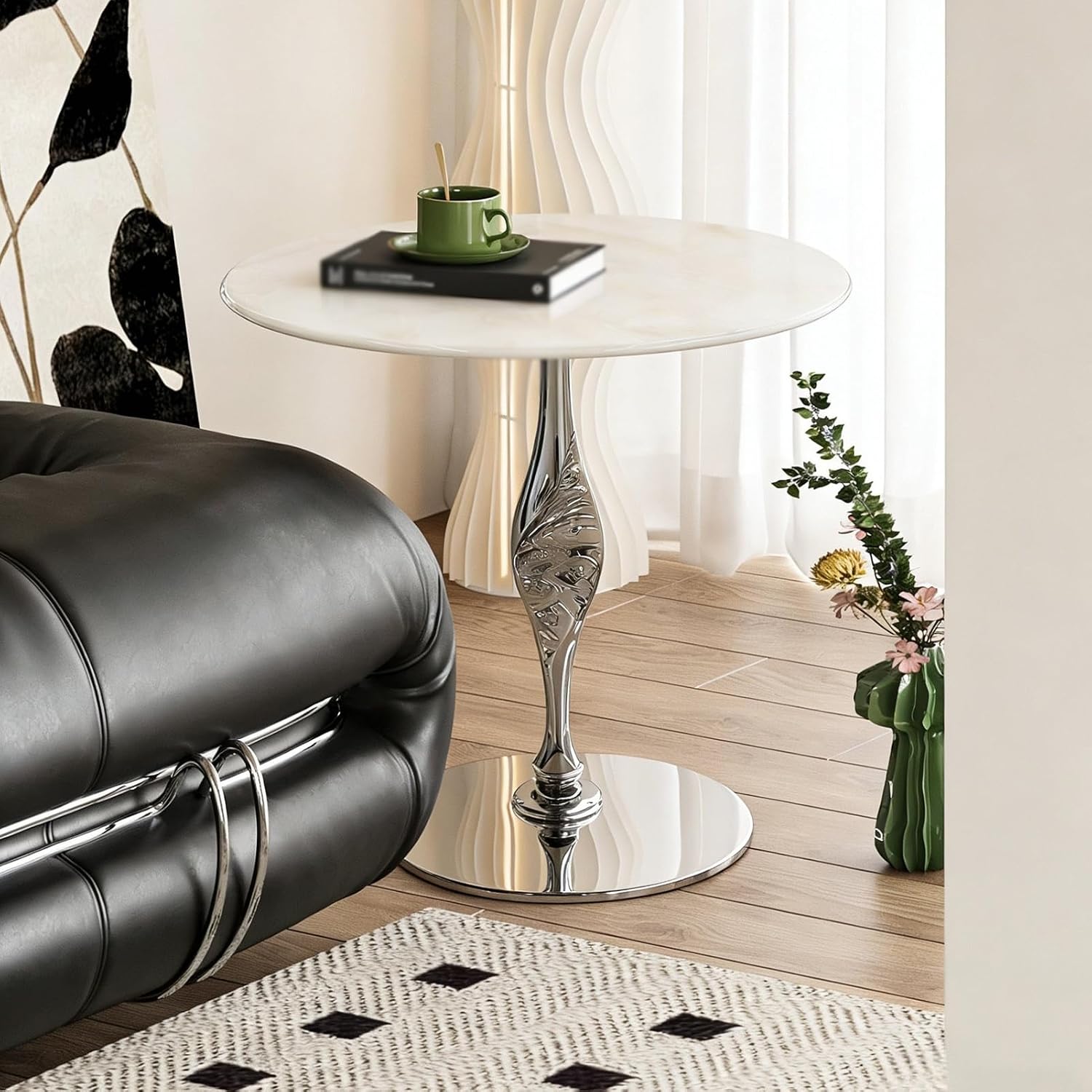 Marble Side Table/Small Round Table – Suitable for Living Room or Bedroom (as a Bedside Table)