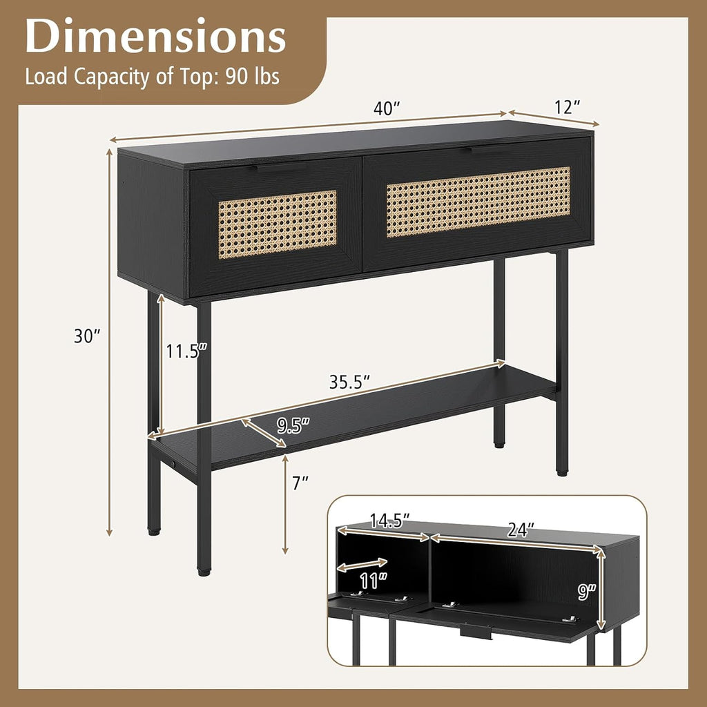 Giantex Rattan Console Table with Storage, 40" Boho Entryway Table w/ 2 Flip Door Cabinets & Shelf, Metal Frame, 2 Anti-Tipping Kits, Narrow Long Behind Couch Sofa Table for Entrance Hallway, Black