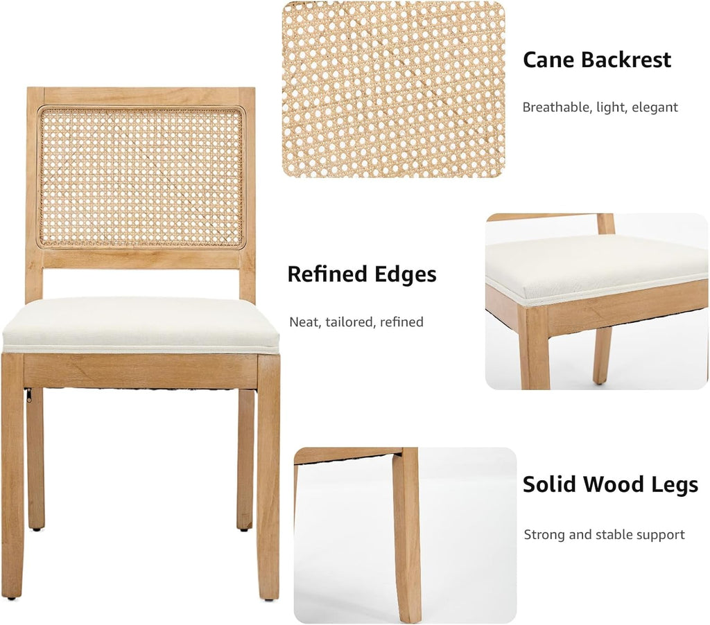 French Country Dining Chairs Set of 8, Beige Modern Kitchen & Dining Room Chairs, Rattan Dining Chair with Linen Upholstered Cushion, Low Cane Back, Wood Legs, Sillas de Comedor (Beige, 8 Pcs)