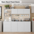 Mekminop Extra Large Kitchen Pantry with Microwave Shelf, Kitchen Hutch Storage Cabinet with Countertop, Freestanding Countertop Cabinet with 3 Drawers and 3 Open Shelves, White
