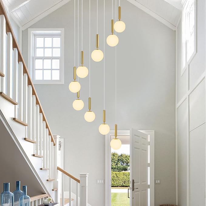 9-Lights Gold Chandelier with Milk White Glass Mid Century Modern Globe Pendant Light for Foyer Living Room Entryway Hallway