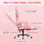 Yaheetech Gaming Chair with Footrest Massage Lumbar Pillow Pink and White | Foam-padded PU leather racing seat and plush headrest recline with a slide-out footrest; metal frame supports up to 300 lb.