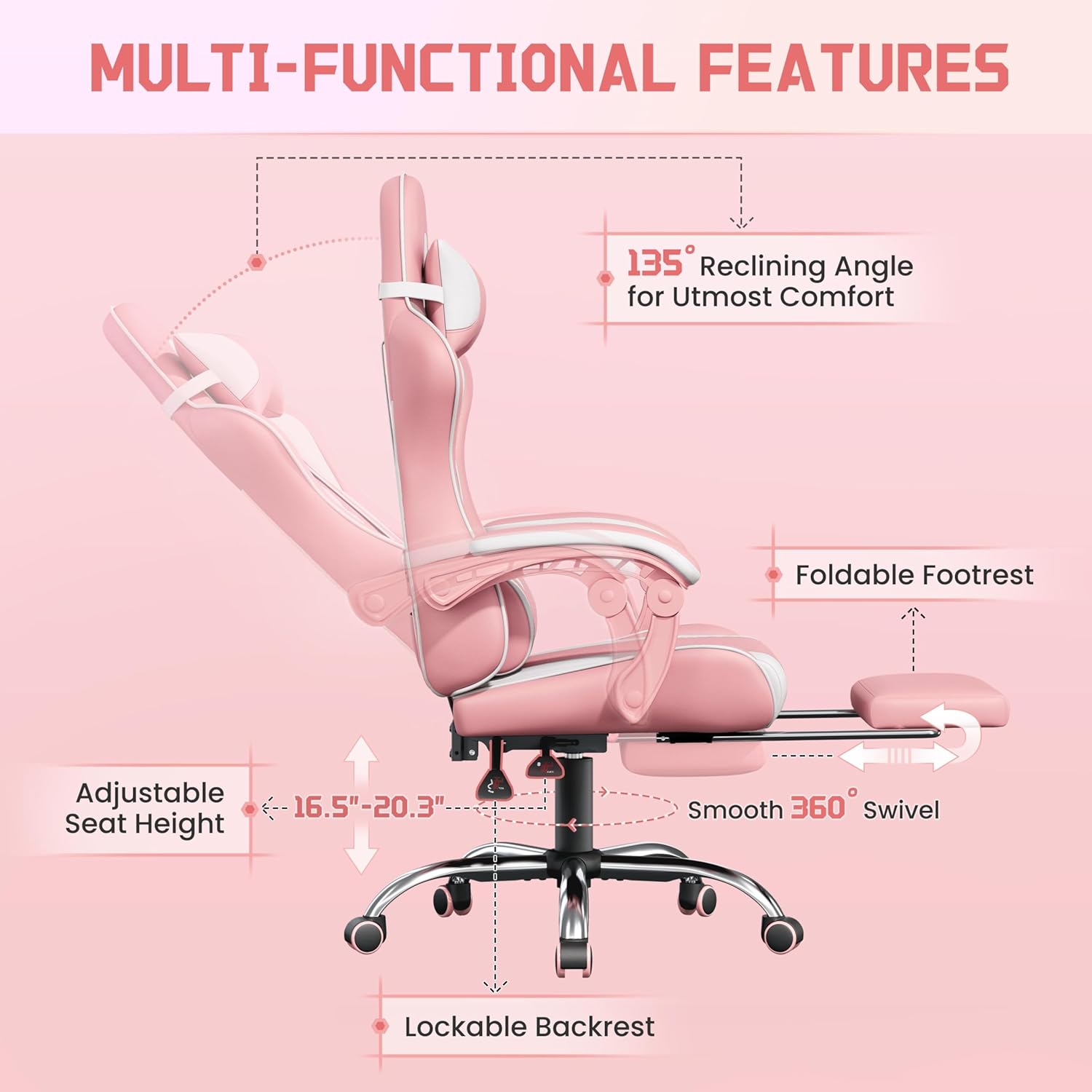Yaheetech Gaming Chair with Footrest Massage Lumbar Pillow Pink and White | Foam-padded PU leather racing seat and plush headrest recline with a slide-out footrest; metal frame supports up to 300 lb.