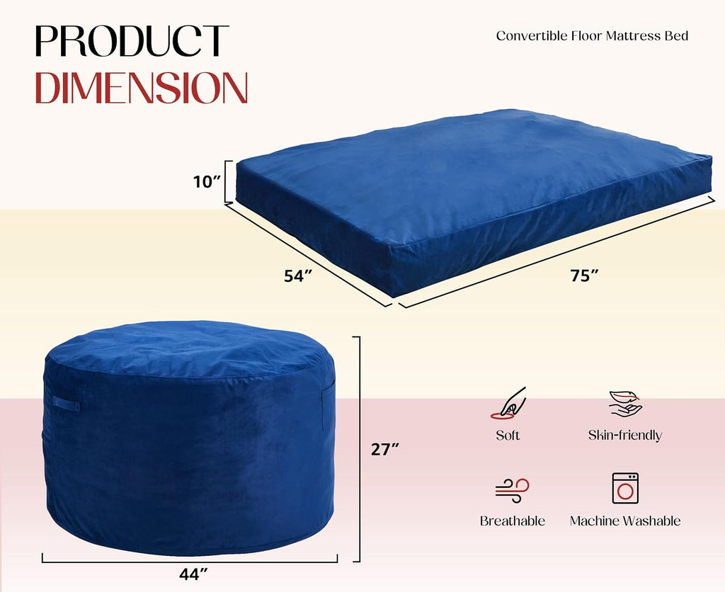 Hobestluk Adults Bean Bag Chairs Convertible 3 in 1 Large BeanBag Couch | Velvet,3 IN 1 Design,Memory Foam Filling,Portable Handle,Comfy Sofa Couch Lounger for Living Room Bedroom | Blue FULL Size