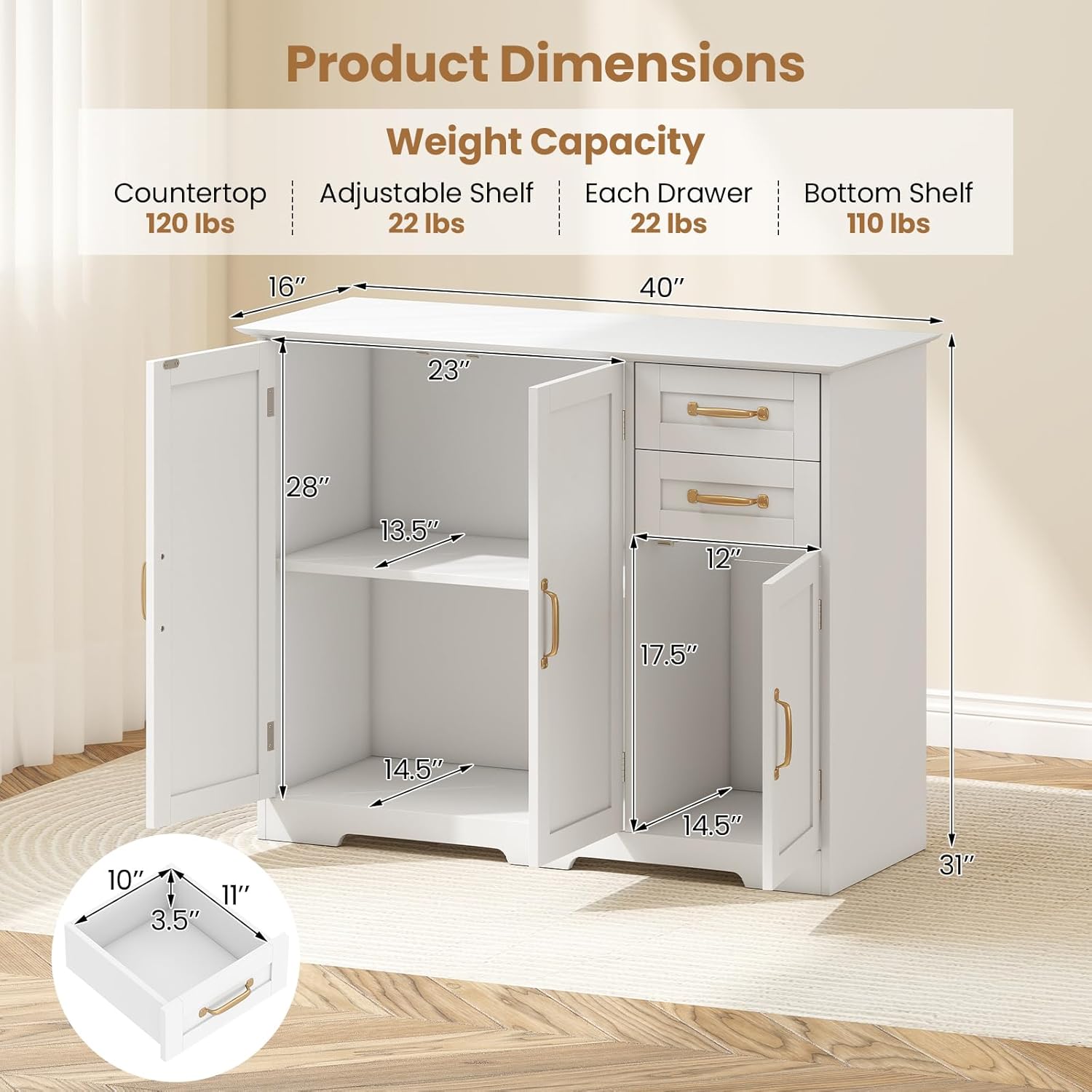Giantex Sideboard Buffet Cabinet, Modern White Sideboard Cabinet with 2 Drawers, 3 Doors & Adjustable Shelf, Wooden Coffee Station, 40’’ Storage Buffet Table for Kitchen, Living Room, Entryway