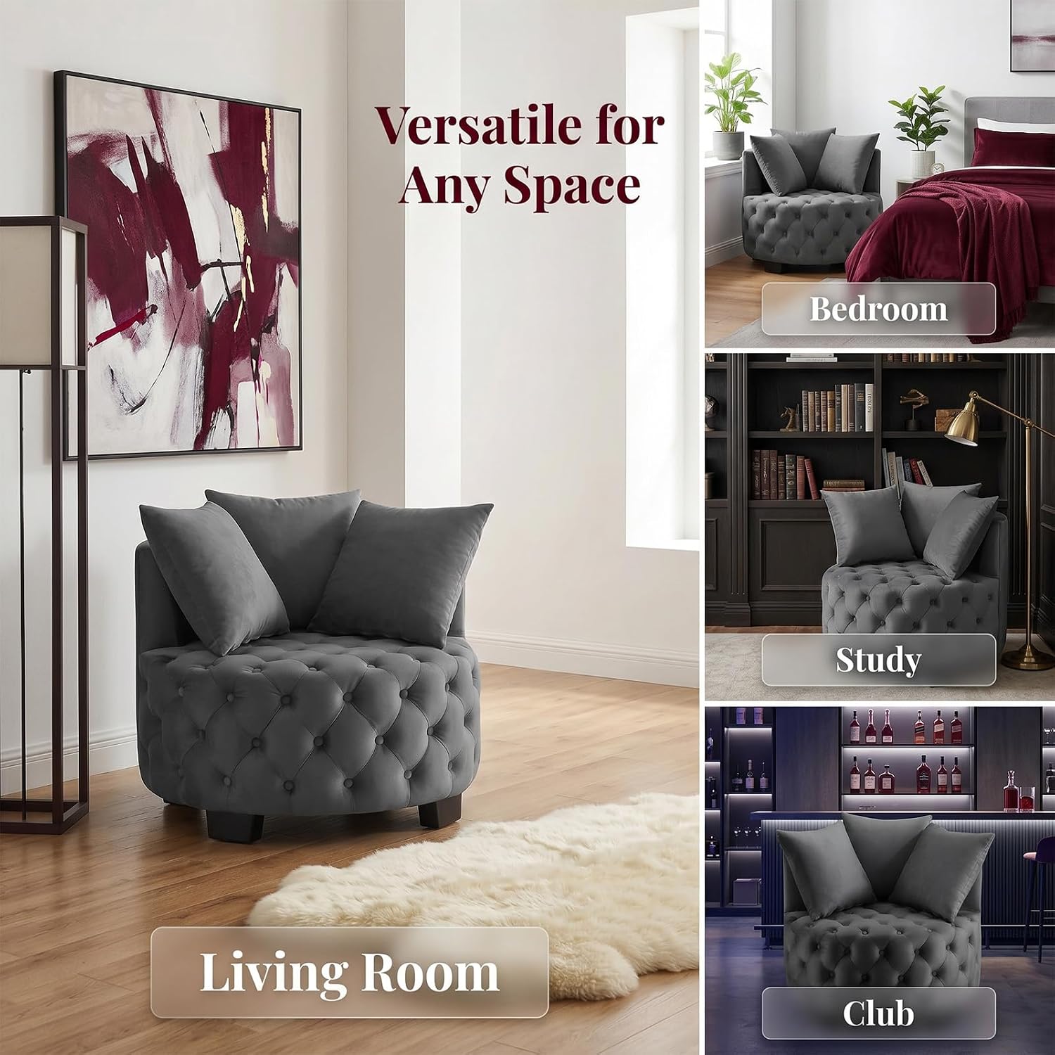 Upholstered Tufted Accent Barrel Chair with 3 Pillows, Contemporary Round Lounge Club Sofa Chair, Leisure Armchair for Living Room Hotel Bedroom, Dark Gray Velvet