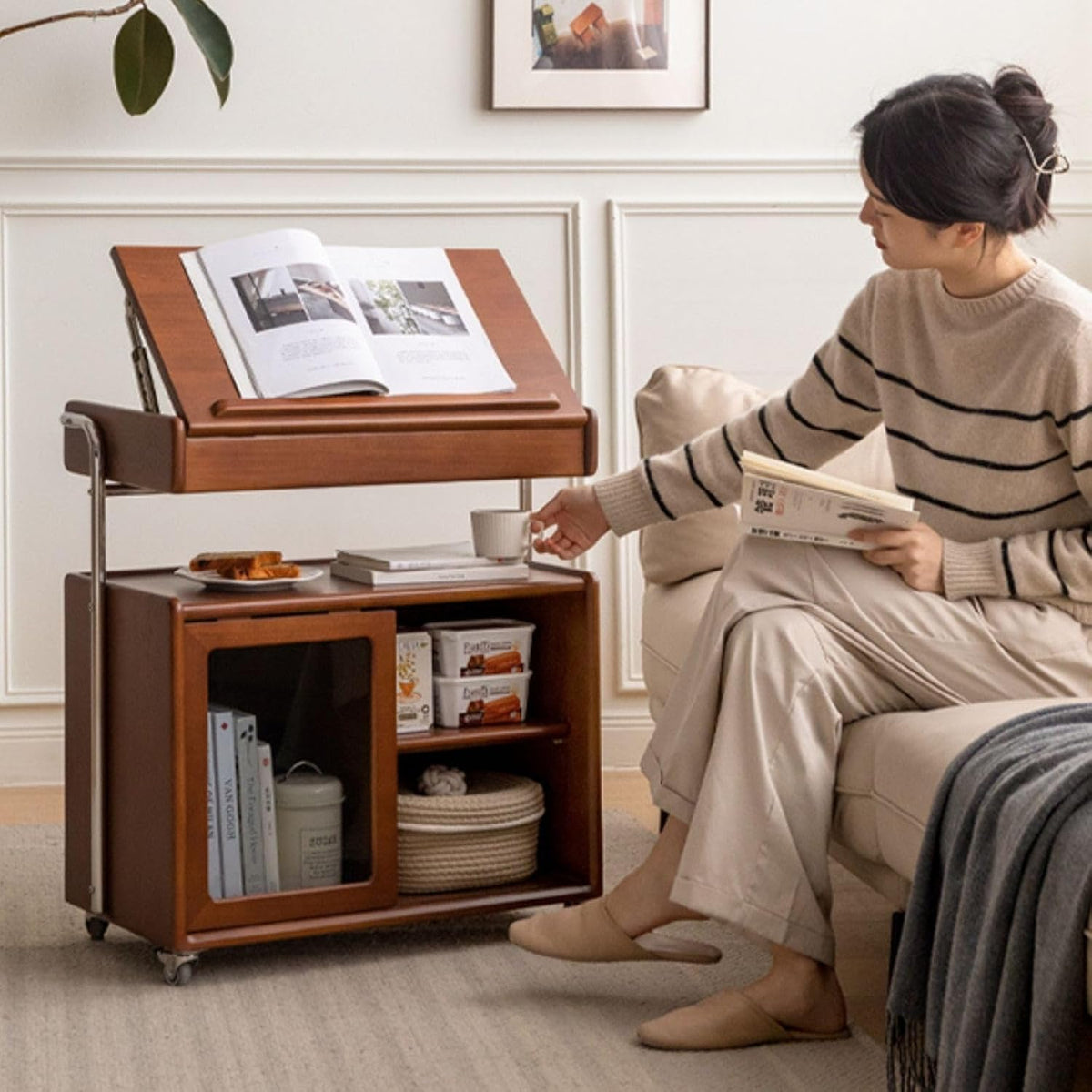 Solid Wood Storage Cabinet with Wheels, Lift Side Table with Adjustable Angled Countertop, Removable End Tables Storage Shelves for Living Room and Bedroom