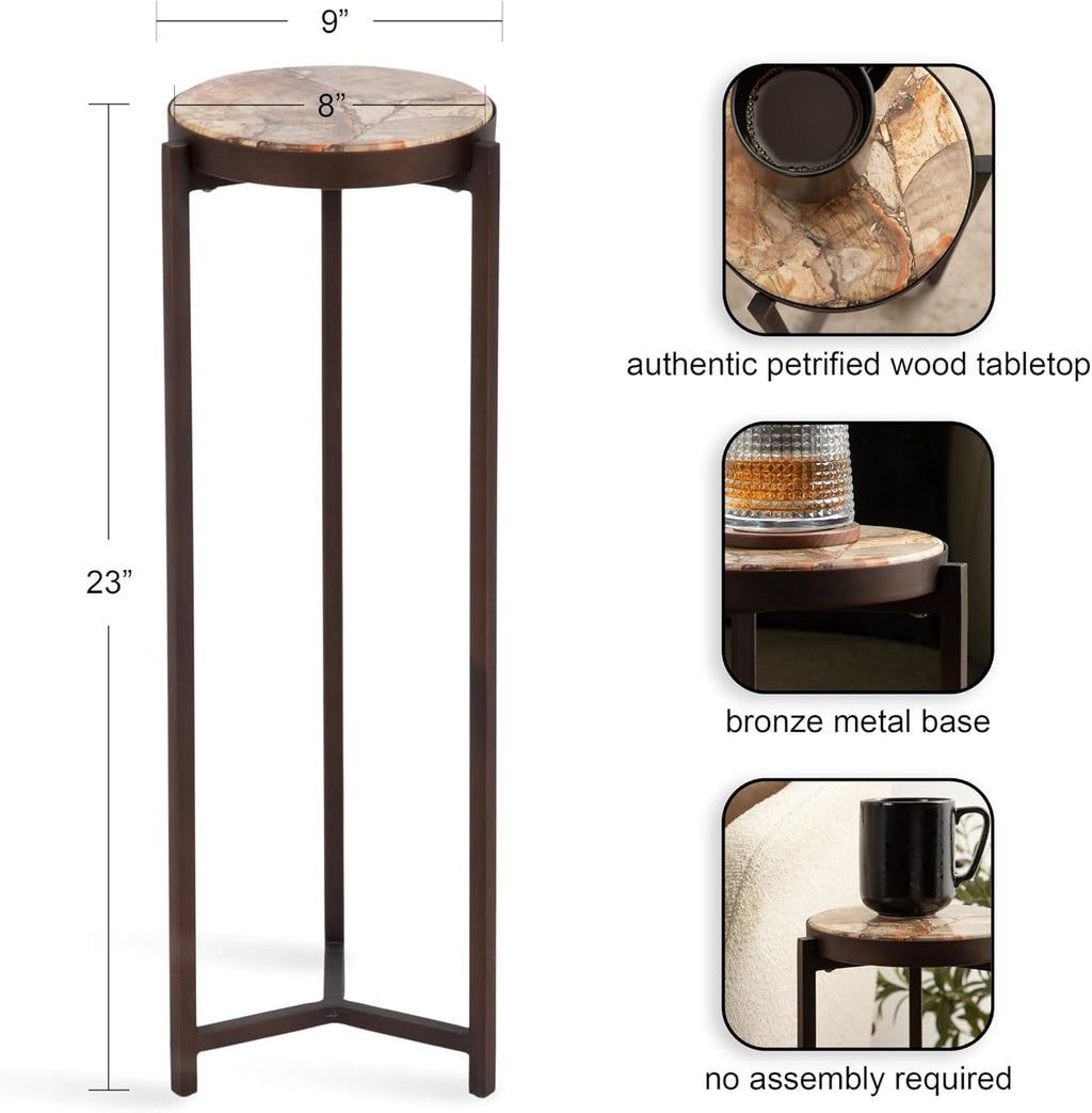Kate and Laurel Aguilar Modern Drink Table, 9 x 9 x 23, Petrified Wood and Bronze, Unique Round Wood Mini Stand for Use as Bathroom Accent or Pedestal Martini Table