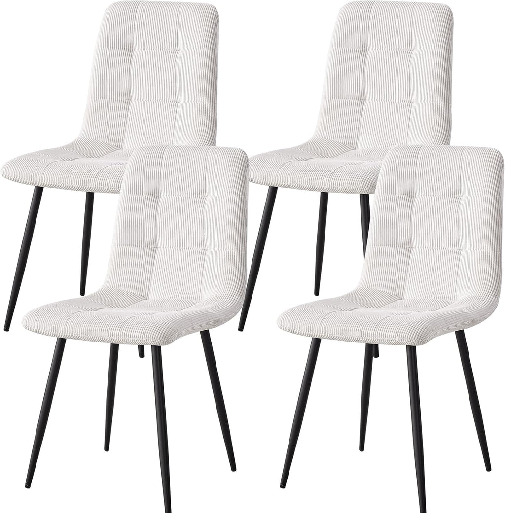 Corduroy Dining Chairs Set of 4, Modern Upholstered Fabric Kitchen Chairs with Metal Legs Adjustable Pads, White