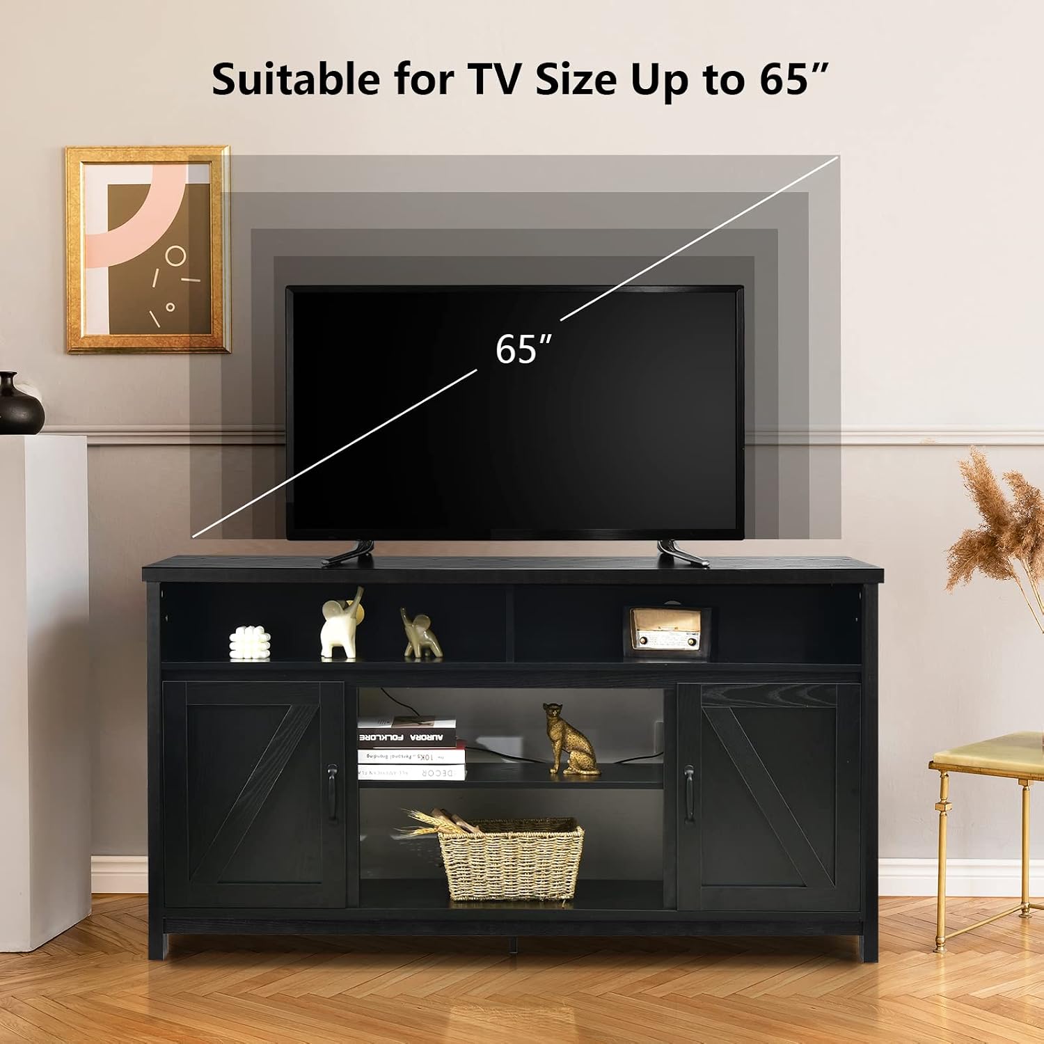 Tangkula Modern Farmhouse TV Stand, 59-Inch Storage Cabinet for TVs Up to 65 Inches, Double Barn Doors, Adjustable Shelves, Wood Entertainment Center Console Table for Living Room (Black)