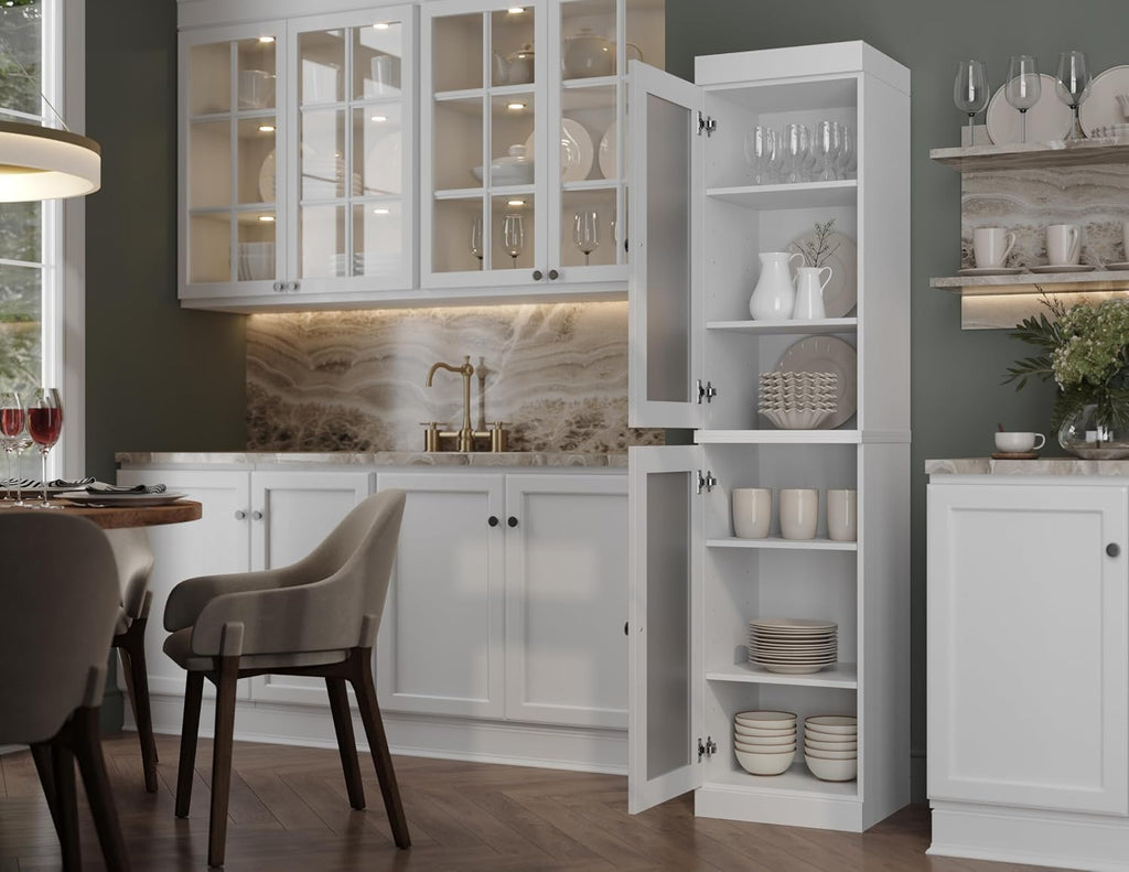 Palace Imports Solid Wood Kitchen Pantry Cabinet w/Frosted Glass Doors - Narrow Storage Cabinet - 16.5" Wide x 71.5" Tall - White, Adjustable Shelves, 100% Eco-Friendly Wood, Modular Cabinets