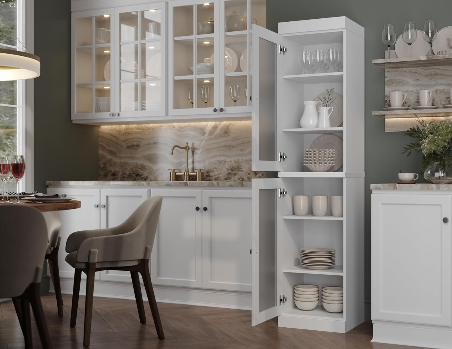 Palace Imports Solid Wood Kitchen Pantry Cabinet w/Frosted Glass Doors - Narrow Storage Cabinet - 16.5" Wide x 71.5" Tall - White, Adjustable Shelves, 100% Eco-Friendly Wood, Modular Cabinets