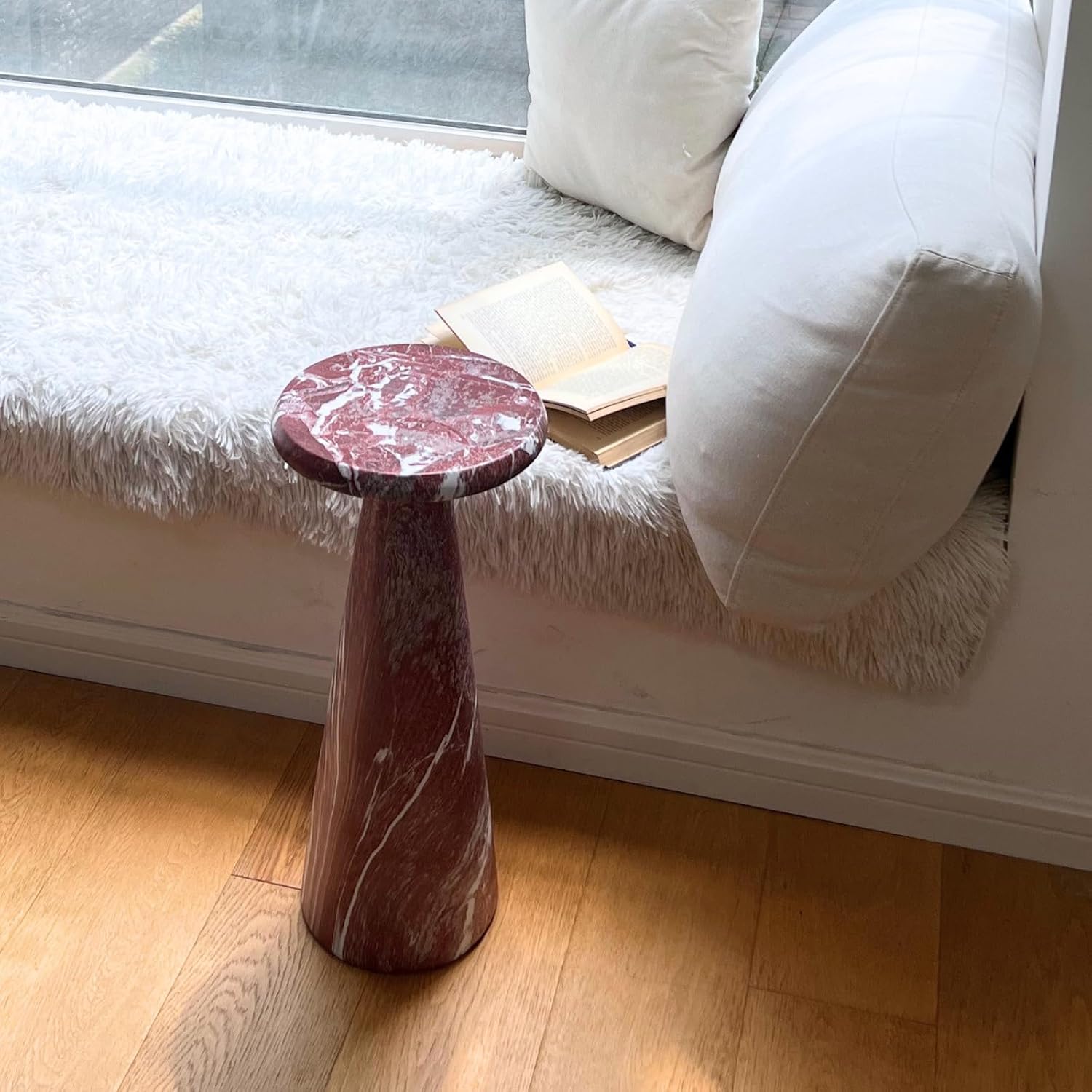 Modern Faux Marble Bedside Table for Living Room, 9" Round Stone Side Table Vintage Night Stand, Small Rustic Red End Table for Drink in Bedroom Apartment Waiting Room, White and Red
