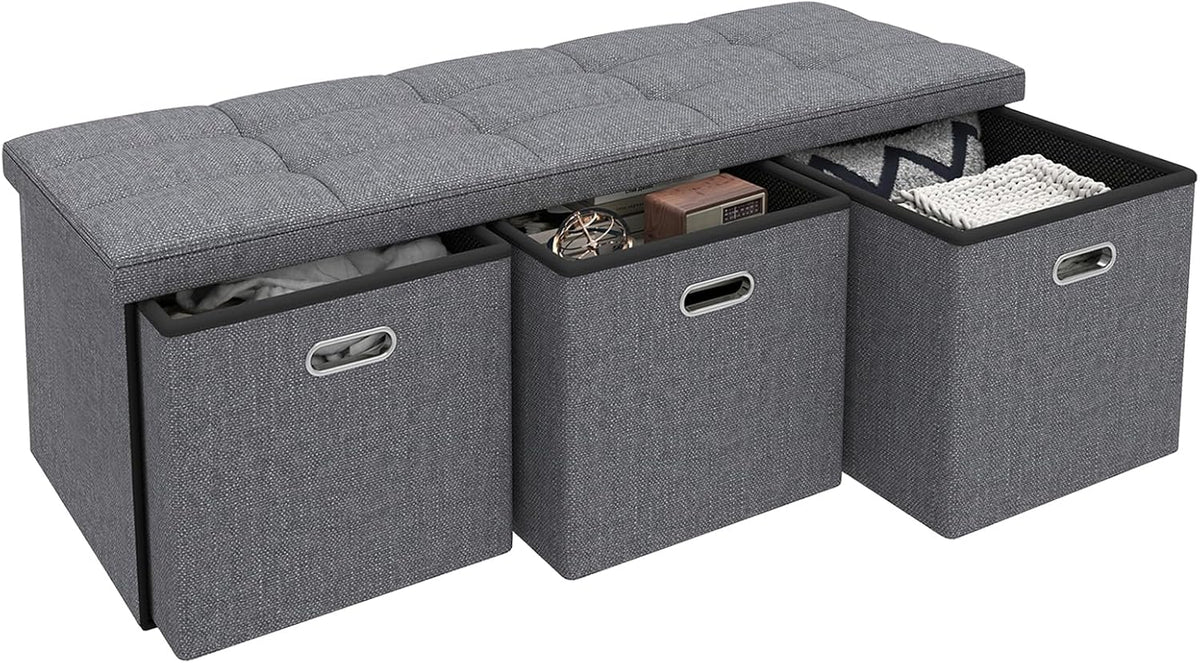 43 Inches Folding Storage Ottoman Bench with Drawers,End of Bed Foot Rest Stool with Padded Seat，Bedroom Bench for Living Room,Bedroom,Support 660lbs,Grey