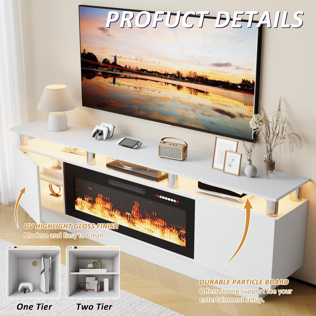 LEMBERI 70" Fireplace TV Stand for TVs up to 80", White | 36" electric fireplace, modern LED entertainment center, high gloss media console with storage cabinet for living room