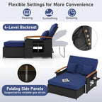 Moccha Outdoor Wicker Daybed, Patio Rattan Loveseat Sofa w/ 4-Level Adjustable Backrest, Folding Panels, Storage Ottoman & Cushions, Lounge Furniture Set for Poolside Backyard Porch (Navy & Black)