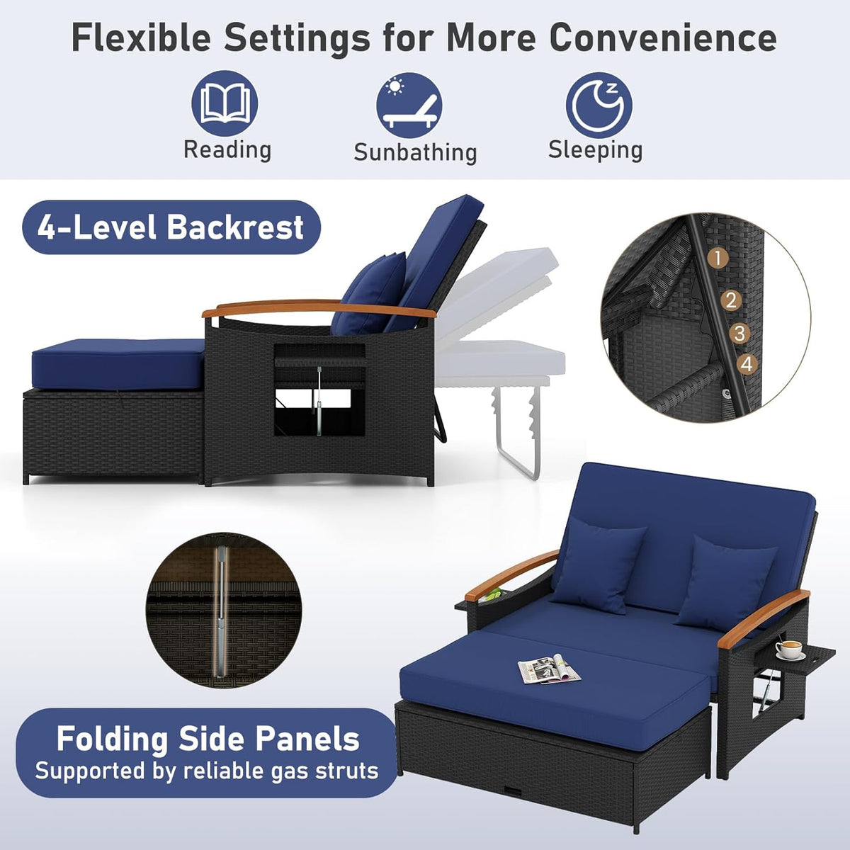 Moccha Outdoor Wicker Daybed, Patio Rattan Loveseat Sofa w/ 4-Level Adjustable Backrest, Folding Panels, Storage Ottoman & Cushions, Lounge Furniture Set for Poolside Backyard Porch (Navy & Black)