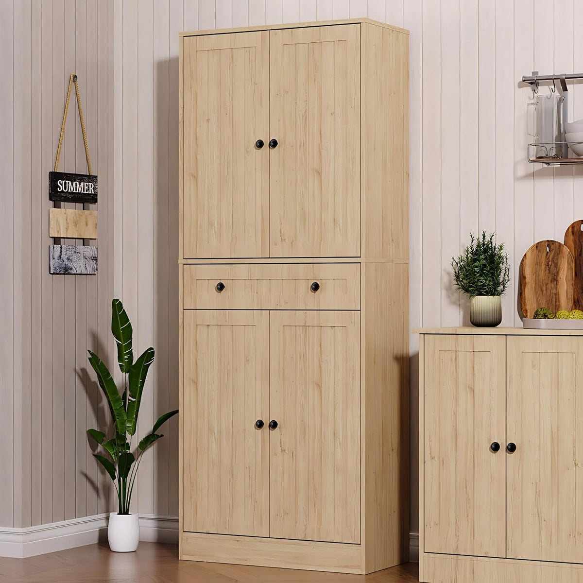 Furnify Kitchen Pantry Storage Cabinet, 71" H Farmhouse Pantry Cabinet with 4 Doors & Drawer, Freestanding Cupboard with Adjustable Shelves, Rustic Wood Cupboard for Kitchen, Dining Room, Natural