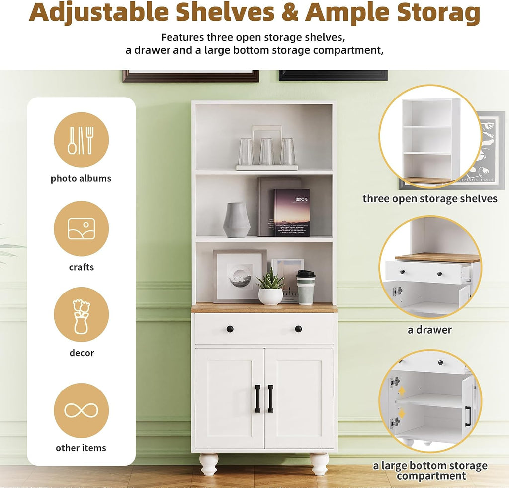 DSHADE Farmhouse Pantry Cabinet with 4 Solid Wood Gourd-Shaped Legs, Modern Kitchen Cabinet with Adjustable Shelves, 5 Tier Bookshelf with Drawer for Living Room, White