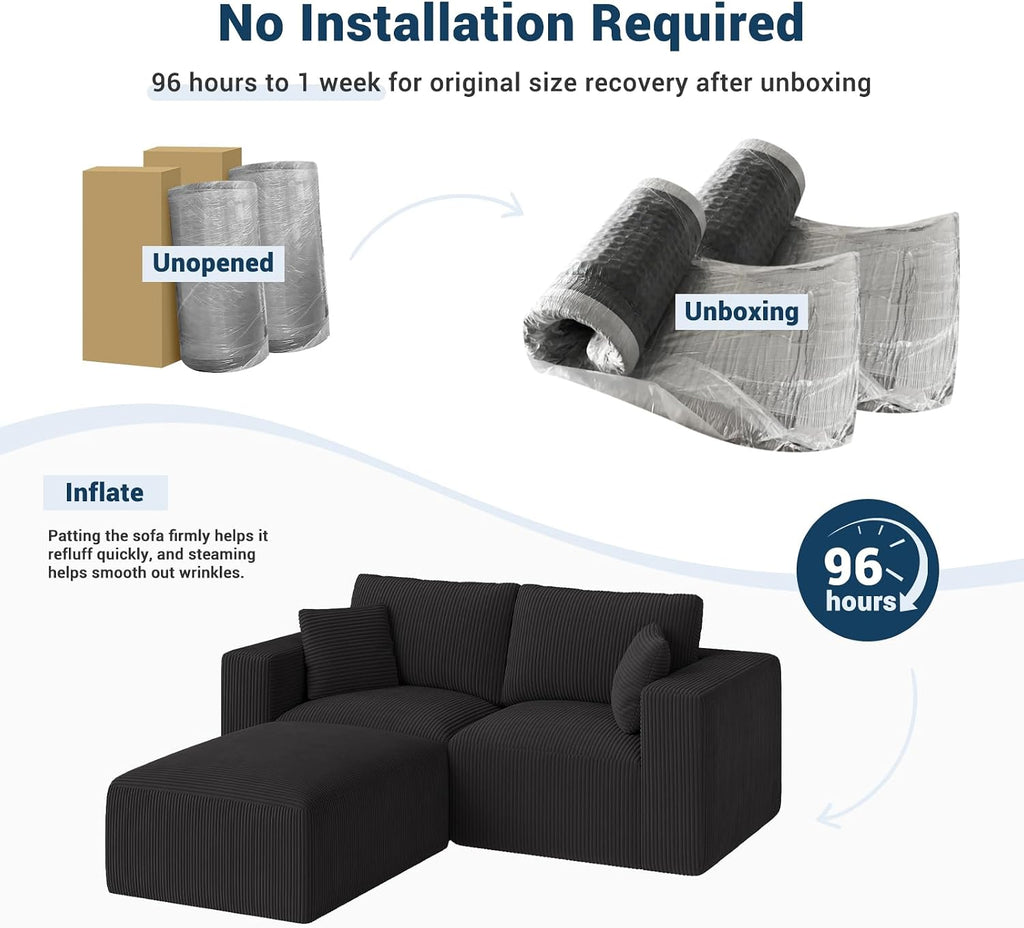Modular Sleeper Sofa Couch Modern Sectional Couches for Living Room - 79" L-Shaped Cloud Couch - Easy Assembly Corduroy Convertible Sponge Compression Sofas with Chaise for Home House(Black)