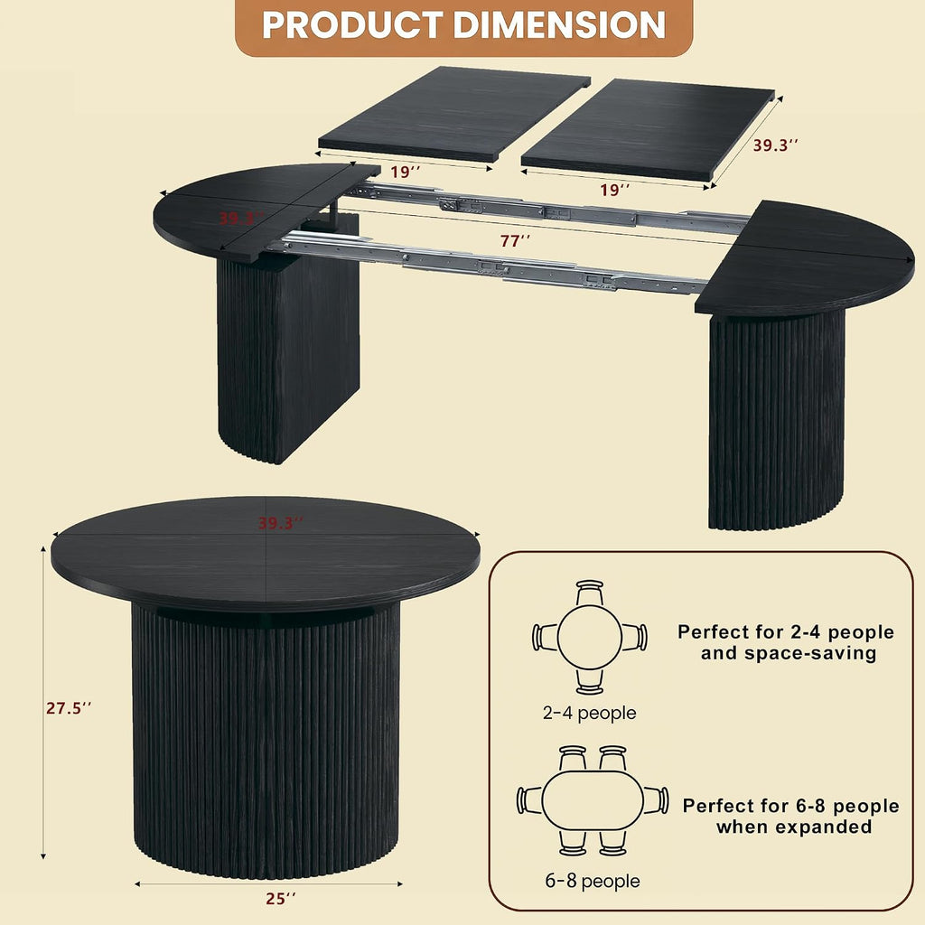 HUAHUU Extendable Round Dining Table for 4-8, 39in-77in Long Large Kitchen Table with Fluted Base, Space Saving Modern Farmhouse Oval Dinner Tables for Dining Room, Kitchen, Living Room, Natural