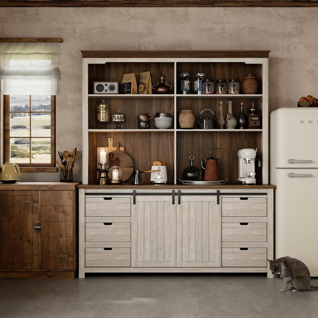 Bobve 78 * 67" Large Farmhouse Pantry Cabinet with Countertop, Buffet Cabinet,Tall Kitchen Hutch with Partitions and 6 Drawers,Suitable for Kitchen,Dining Rooms,Easy to Assemble