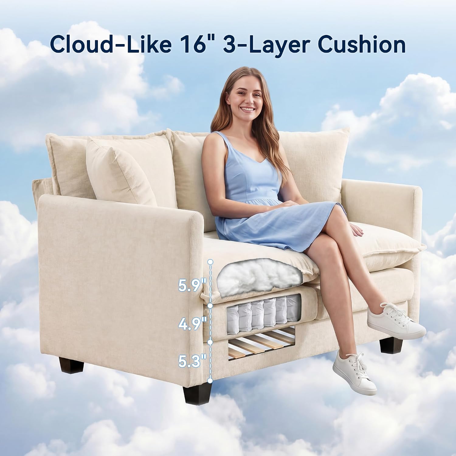 3 Seater Couch & Loveseat Sofa 2 Piece Set, Small 50" Love Seat & 69" Cloud 3 Seat Couch Sofa Set Washable Chenille Pillow Living Room Set for Apartment Office 50-Beige-3+2